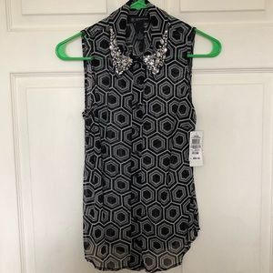 INC Sleeveless Button Up Blouse w Jeweled Collar